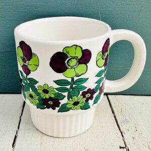 Vintage 1970s Mod Floral Stacking Coffee Cup Green Purple Flowers